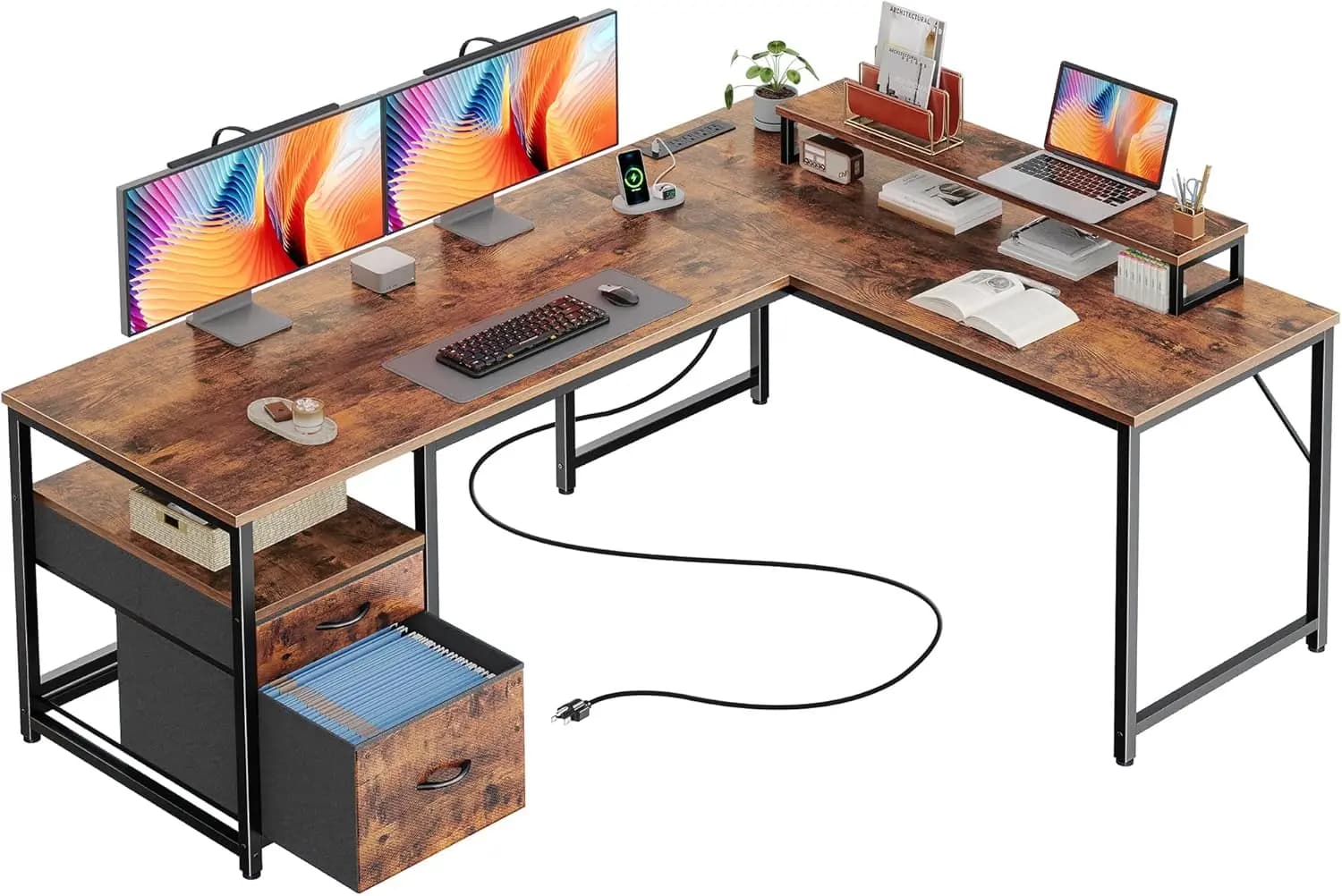55-inch L desk with Current sockets, USB-C port, Fabric drawers and Mobile Monitor Support for Home Office
