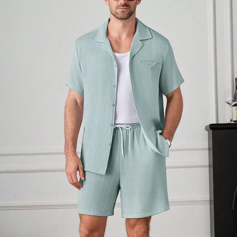 2026 Summer Men's Casual Sports Solid Color Suit Short Sleeve Shirt Shorts Fashion Two-piece Set