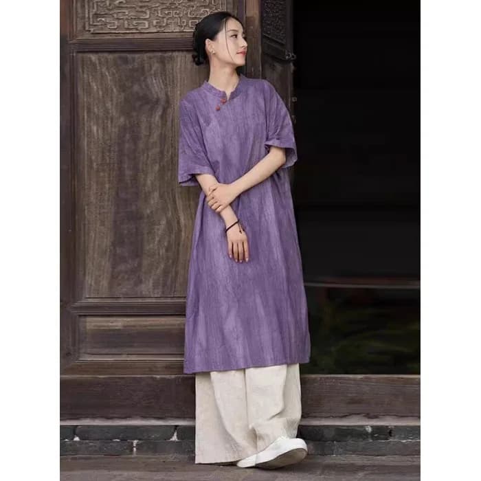 Slimming Effect Large Size Women's Dress Spring Summer New Chinese Style Loose Tea Costume Mid-Length A-Line Skirt