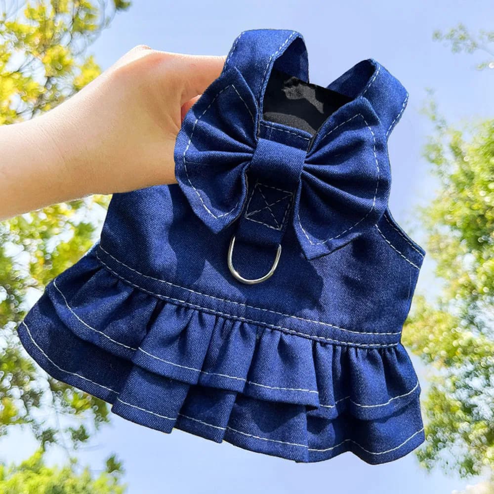 Cute Bow Dog Dresses for Small Dogs Girl Clothes Cat Dog Denim Vest Puppy Skirt Summer Pet Jeans Jacket Dog Dress with Harness