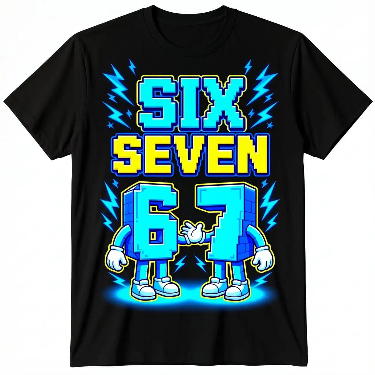Y2K Harajuku Graphic Gothic 100% Cotton Unisex Crew Neck T-Shirt Six Seven Pixel 6 And 7 Cartoon Character Lightning Glow Graphic Short Sleeve Black Tee Viral Meme Casual Streetwear Gift For Men Women