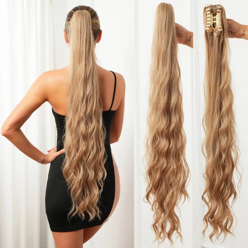 Parrucca con Clip Stile Europeo e Americano, Capelli Lunghi e Ricci con Coda Alta Vaporosa e Motivo a Onde d'Acqua