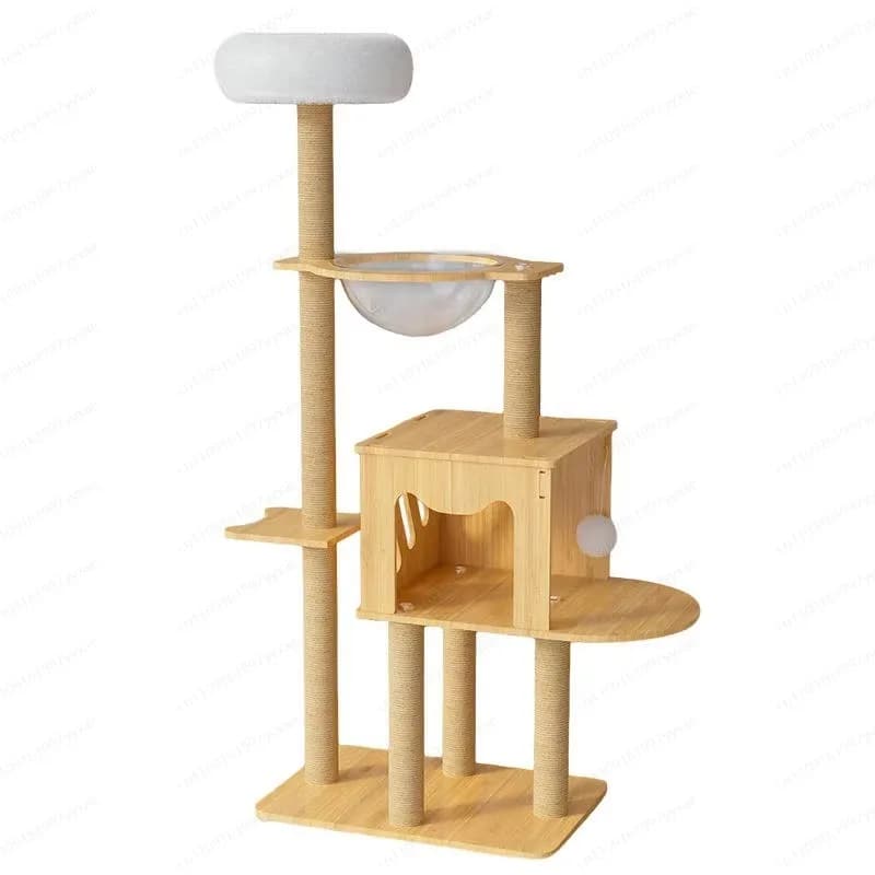 Moderno albero per gatti multifunzionale in legno massello, grande piattaforma per salto alto, nido per gatti chiuso integrato multistrato