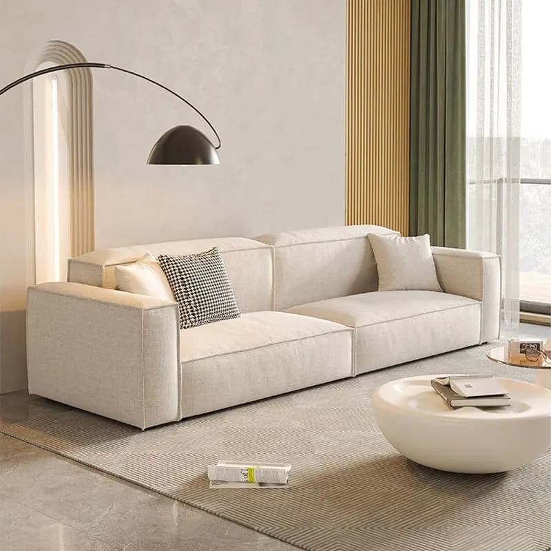 Soggiorno in stile crema, moderno ed estremamente semplice, di lusso leggero italiano, per piccoli appartamenti, con divano a blocco rettangolare in cotone stile principessa.