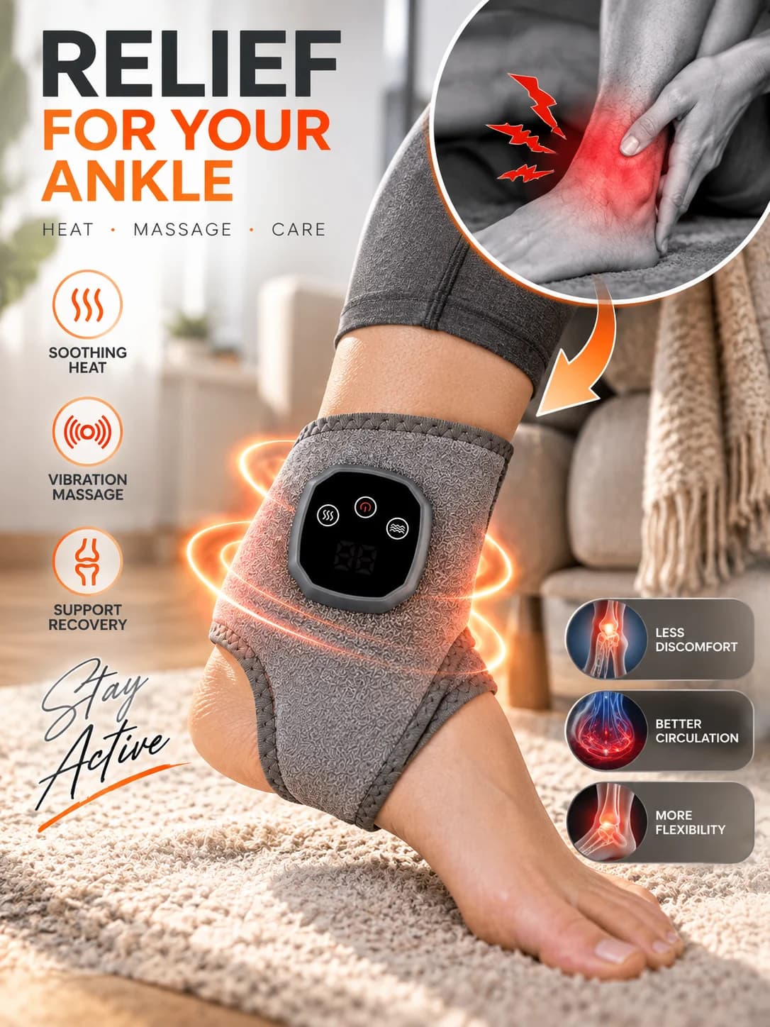 Electric Ankle Massager Heating Massage Device Ankle Brace Support Protector for Ankle Pain Relief Recovery Men Women