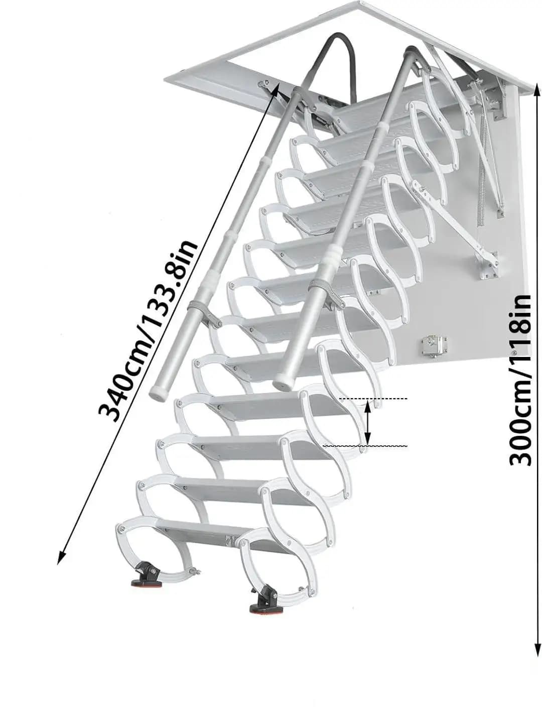 Scala a Soffitto Retrattile a 12 Gradini con Corrimano, Gradini Nascosti per Interni, Capacità 660 LBS, Altezza Regolabile per Ville e Duplex