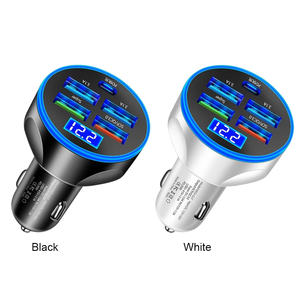 Adattatore di Alimentazione 20W con 5 Porte, Caricabatterie per Auto PD QC3.0 Tipo C, 5V 3.1A Ricarica Rapida per iPhone Samsung Huawei Xiaomi