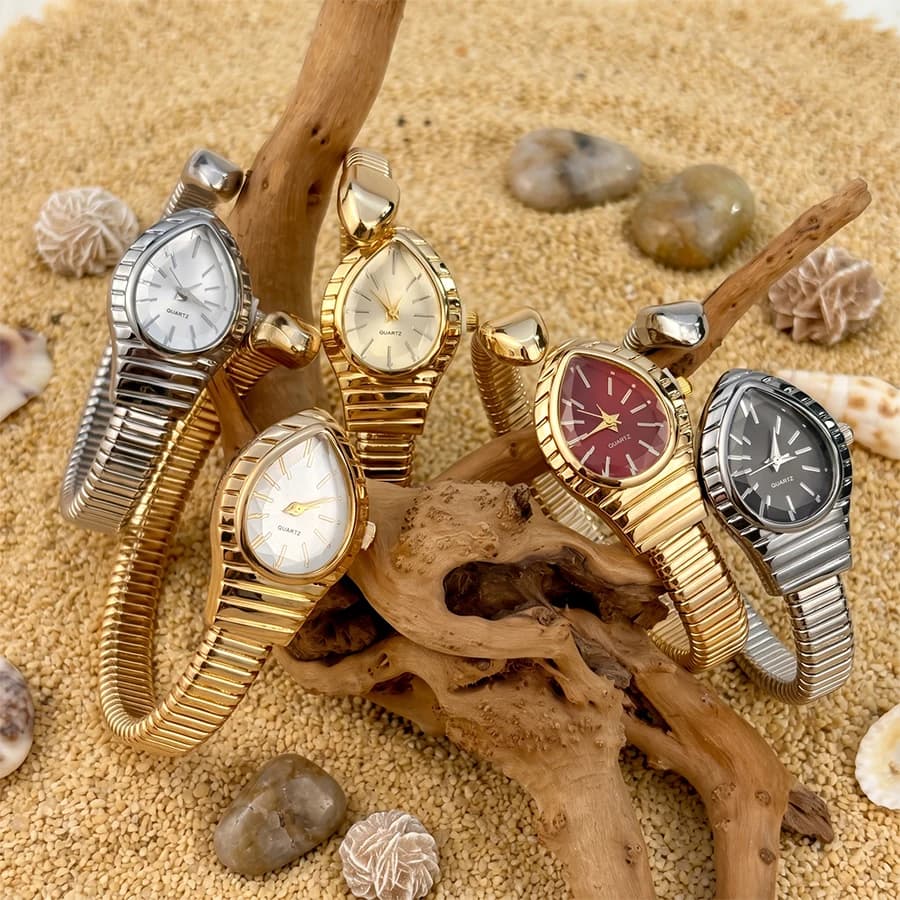 Ladies Watch: Waterdrop Case Single-Coil Snake Bangle Luxe Art Deco Inspired Timepiece