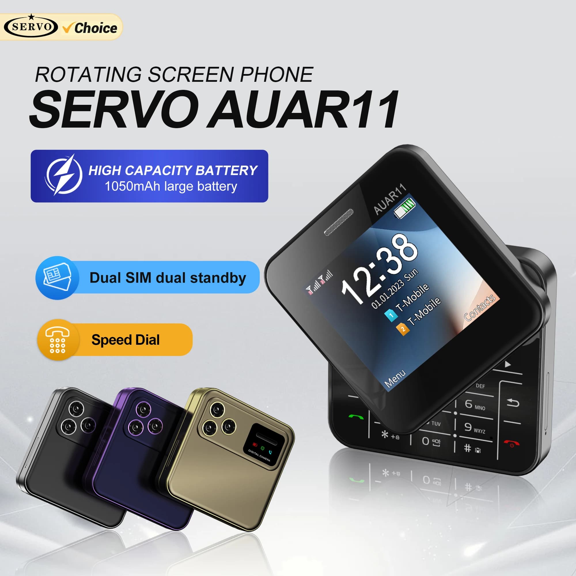 SERVO AUAR11 Ruota lo schermo Mini telefono cellulare Dual SIM Standby Blacklist Magic Voice Radio FM Torcia Cursore laterale Cellulari quadrati