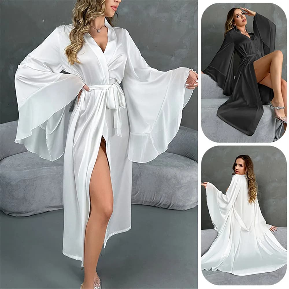 Ruffles Flare Sleeve Satin Robe Nightgown Sexy Lace Kimono Bathrobe Gown Spring Summer Women Sleepwear Home Clothing