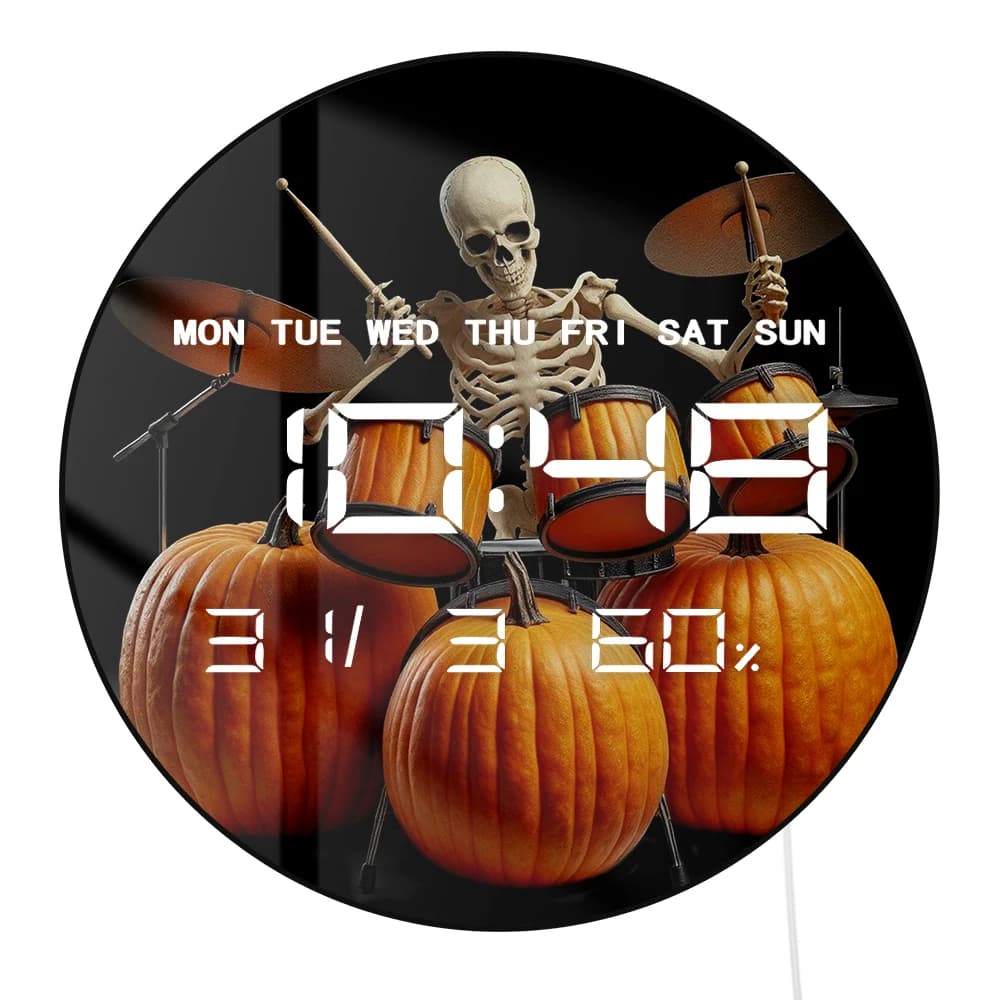 Orologio da Parete Digitale LED Multifunzione a Forma di Scheletro che Suona il Tamburo delle Zucche, Decorazione per Halloween, Orologio Elettronico da Parete e da Scrivania