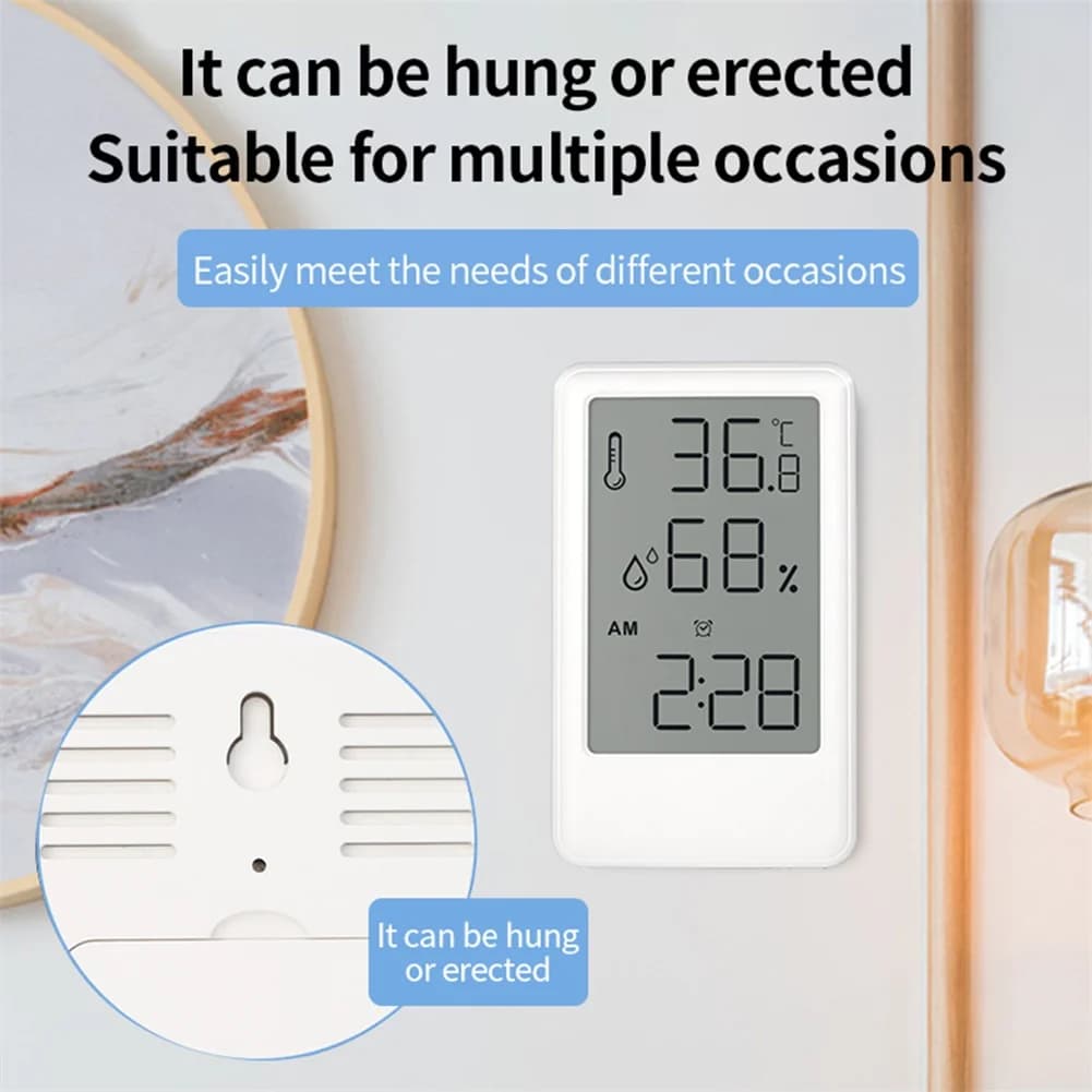 Per la cameretta del bambino Termometro digitale Monitor climatico Foro sospeso bianco Materiale ABS Doppio display Ampio schermo LCD