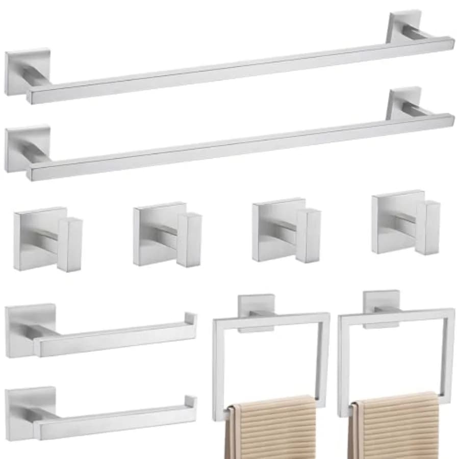 Set di 10 Accessori per il Bagno in Acciaio Inox SUS304, Portasciugamani e Accessori in Nickel Spazzolato