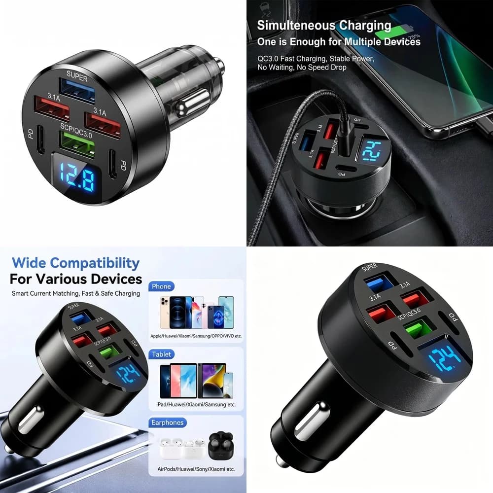 100W 6 in 1 Car Charger with LED Digital Voltage Display Multi Port QC3.0 PD USB Fast Charging for iPhone Samsung Huawei