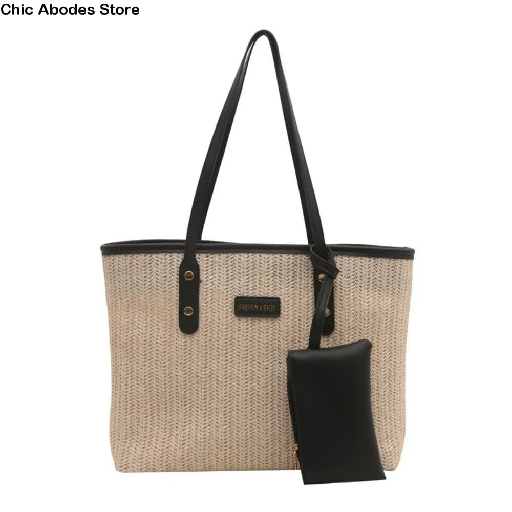 Borsa Tote Casual in Tinta Unita Intrecciata, Borsa a Spalla Grande in PU con Portamonete, Borsa a Mano da Spiaggia Bohemien in Paglia, Elegante