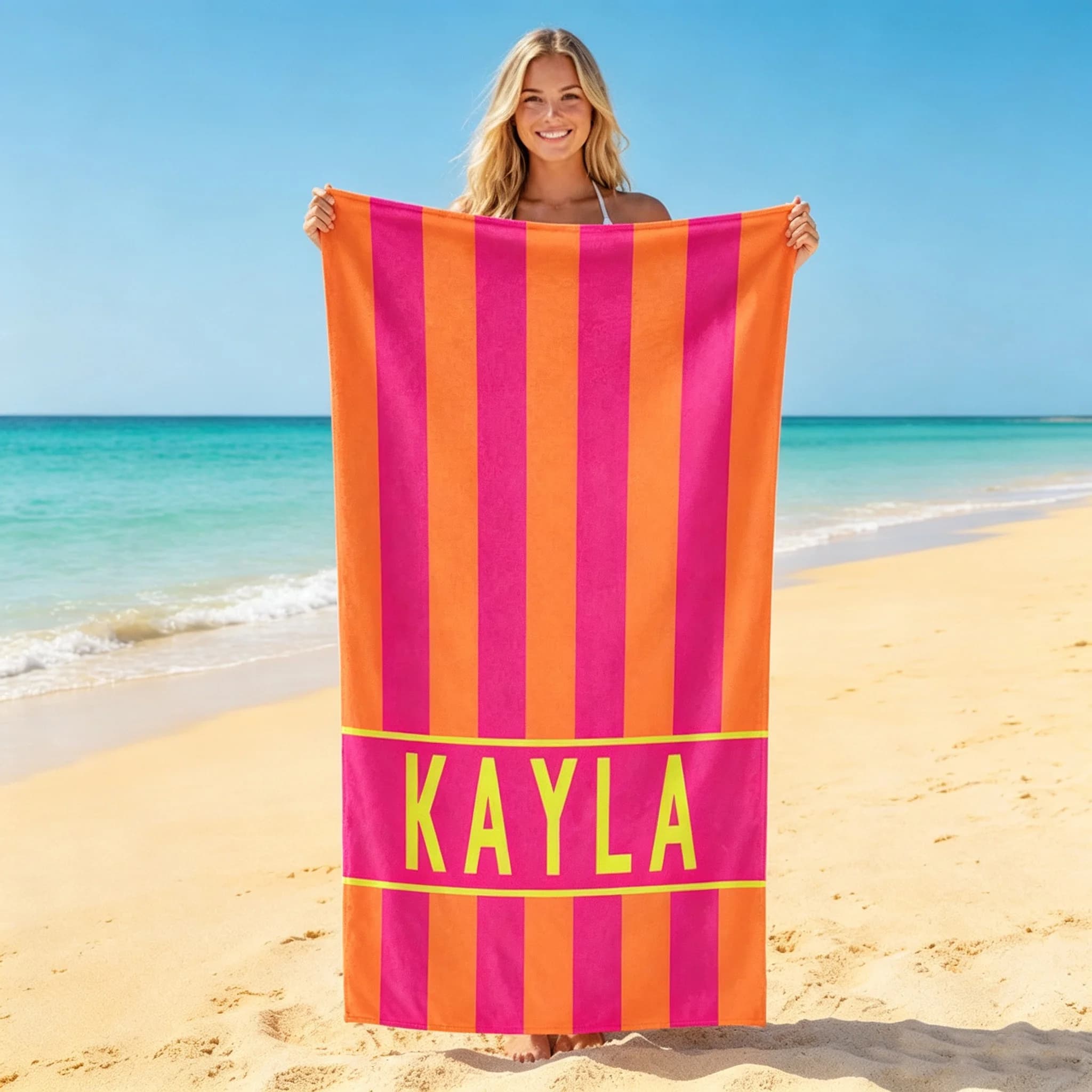 Personalized Custom Striped Beach Towels Customizable Name Microfiber Machine Washable For Beach Swim Yoga Bathing Travel.