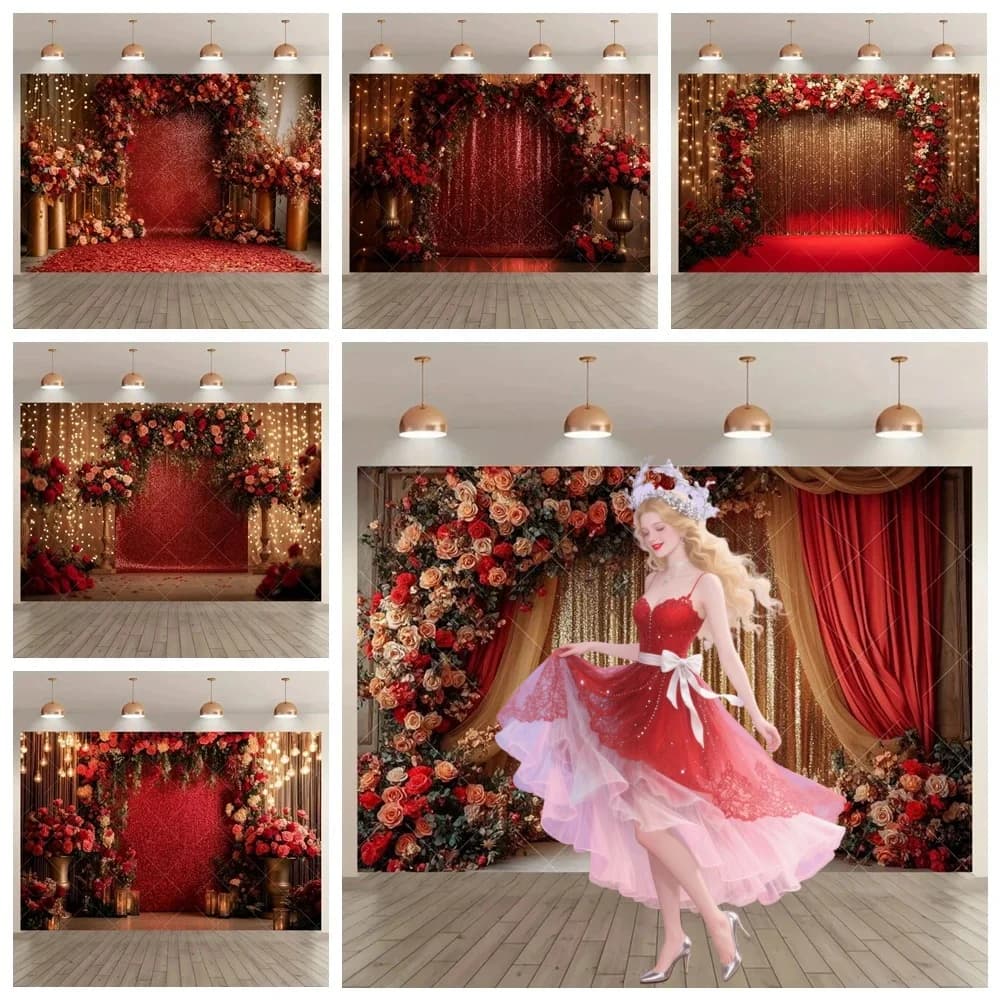 Sfondo fotografico di matrimonio con rosa rossa Tende dorate Decorazioni per scene floreali romantiche Sfondo per servizi fotografici con ritratto di addio al nubilato