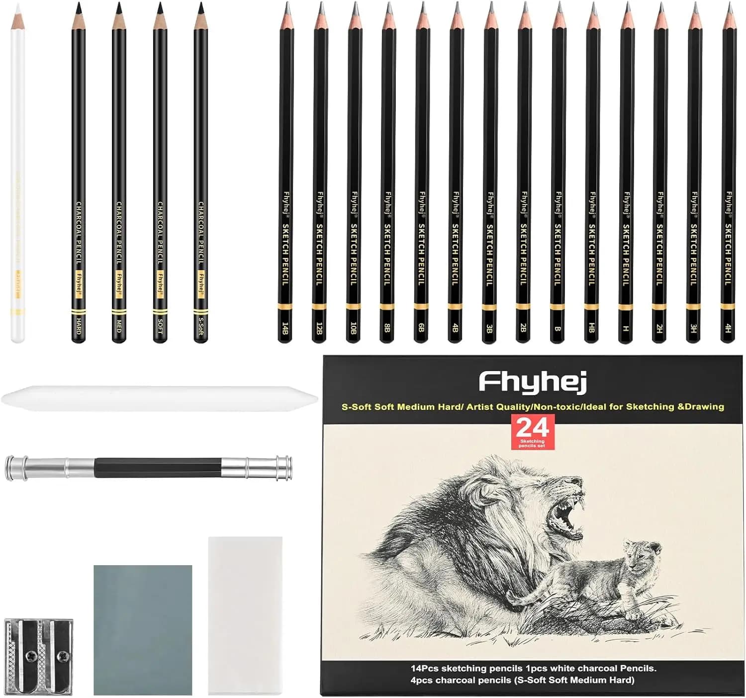 24-Piece Drawing Pencil Set - Graphite & Charcoal for Shading, Sketching, Art Supplies