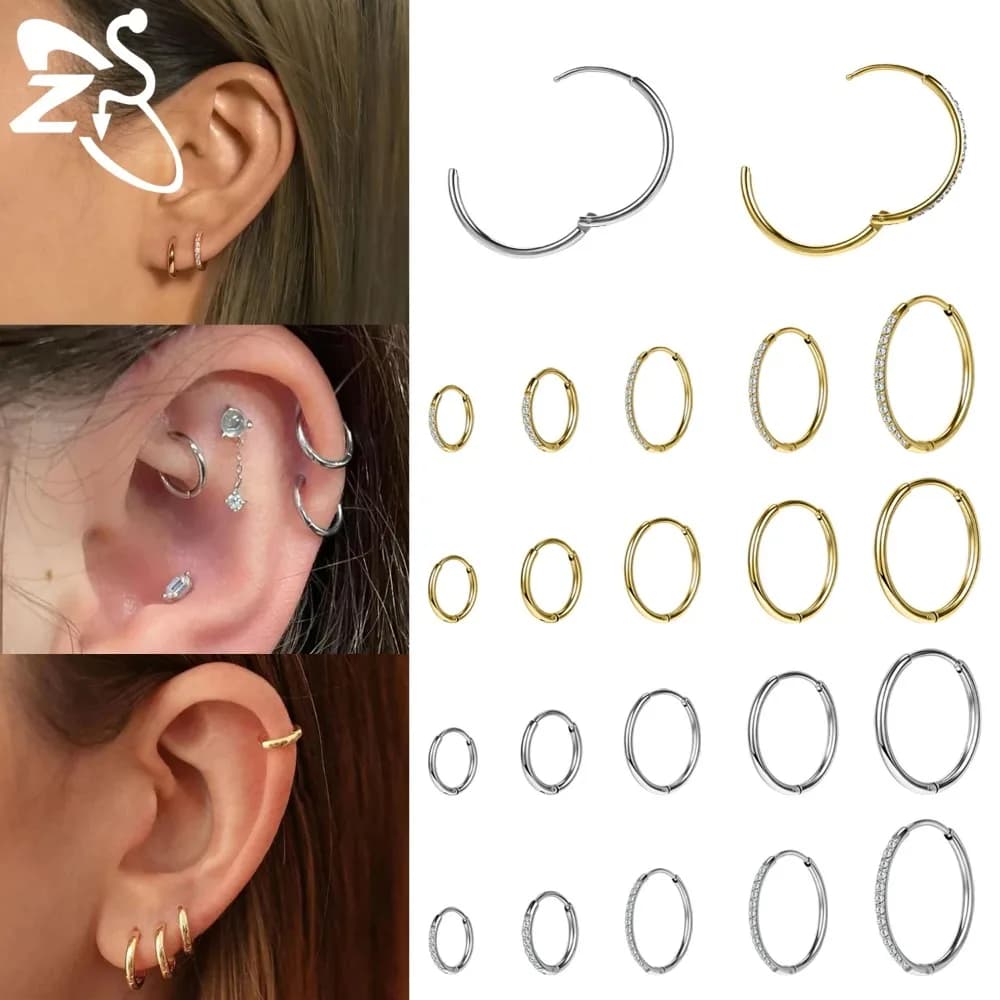Orecchini a Cerchio in Acciaio Inox Tendenza 2026, Orecchini a Bottone Rotondi 6/8/10/12MM, Anello per Naso con Cristalli CZ, Gioielli per Piercing all'Elice e alla Cartilagine