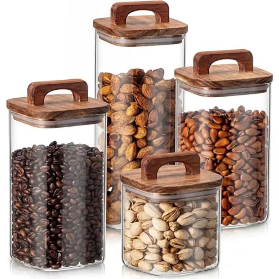 Set di 4 Barattoli in Vetro per Alimenti con Coperchio Ermetico in Legno, Contenitori con Etichette e Pennarello per Caramelle, Biscotti, Riso, Zucchero