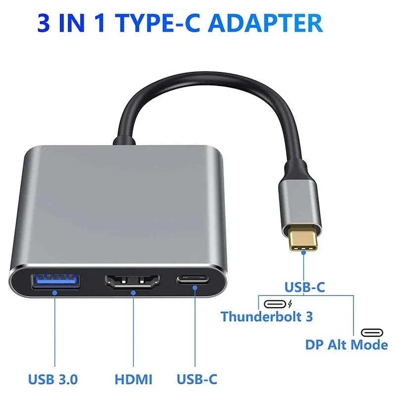Hub USB-C 3 in 1 da maschio a femmina, compatibile con HDMI 4K, adattatore di ricarica da USB 3.1 Type-C a USB 3.0 per MacBook Air.