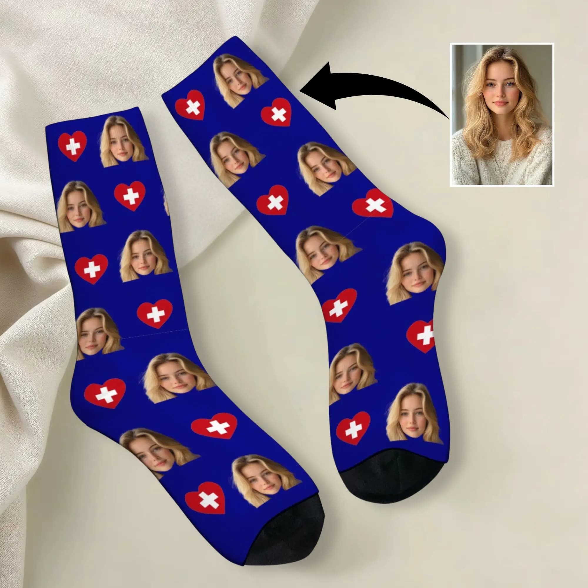 Custom Your Face Swiss Flag Socks Personalized Photo Print Blue Stockings Novelty Gift for Swiss Fans