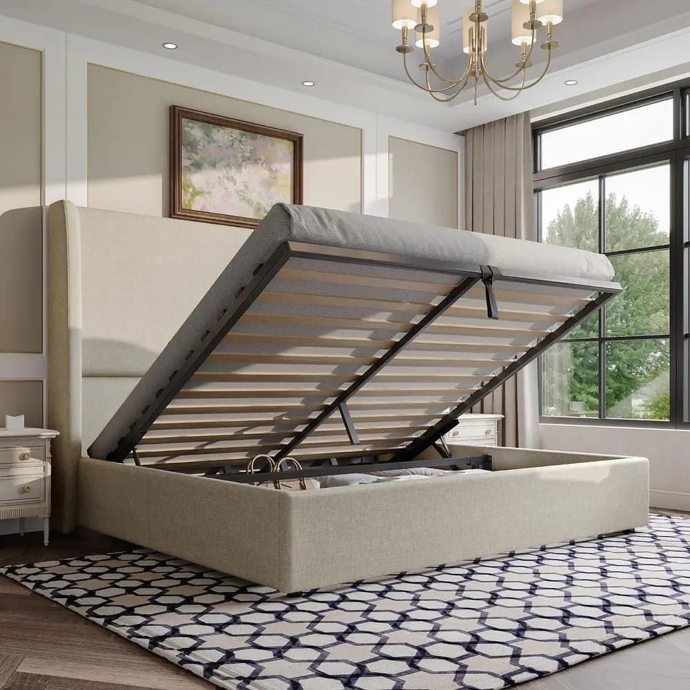 Letto contenitore sollevabile King Size con rivestimento in lino, telaio a piattaforma, contenitore idraulico, testiera moderna con schienale alto, senza rete a doghe