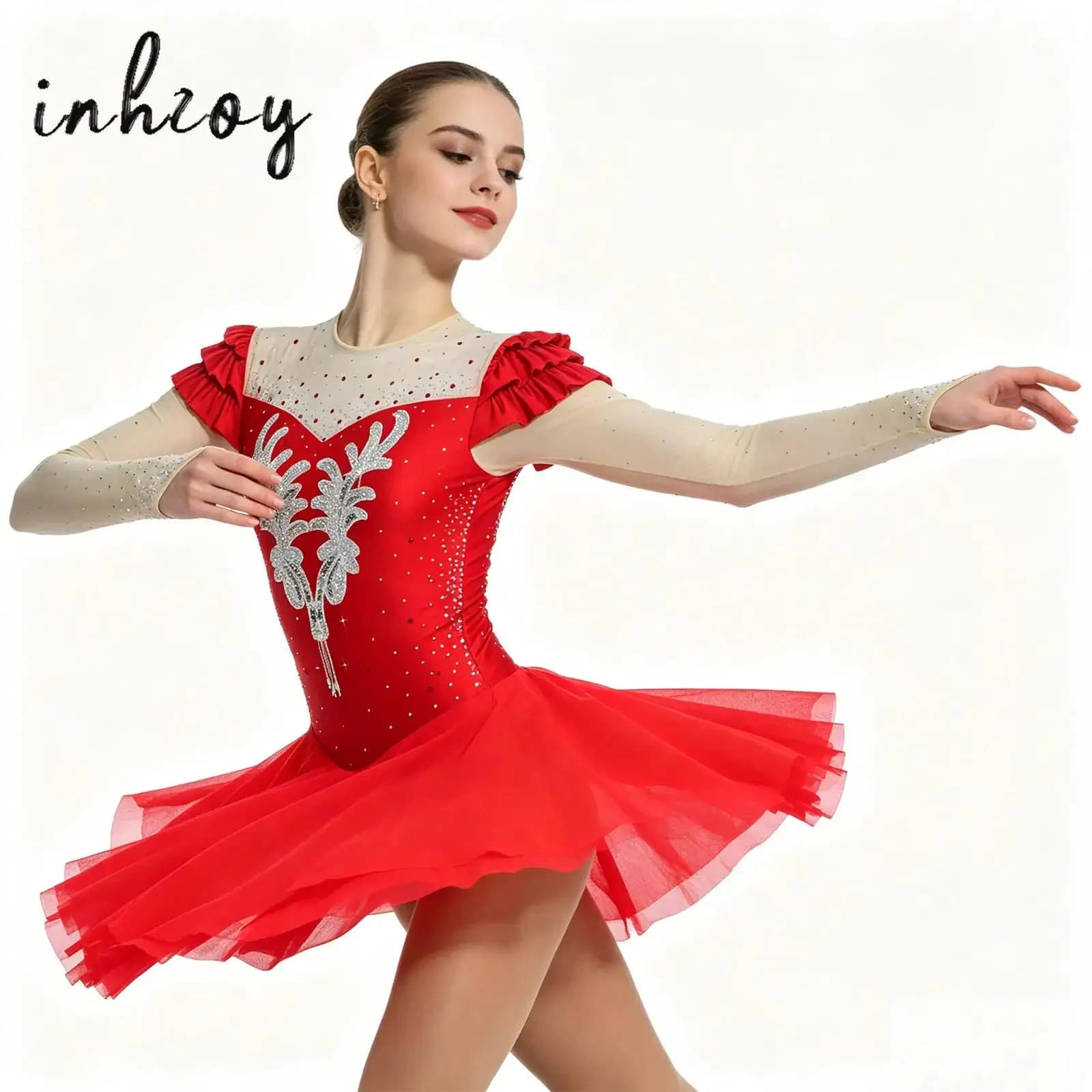 Costume da Ginnastica Ritmica per Donna, Abito da Danza con Strass Luccicanti e Rete Trasparente, per Pattinaggio Artistico e Balletto
