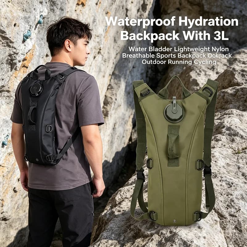 Zaino idrico con sacca d'acqua da 3 litri, impermeabile, leggero, in nylon, per sport all'aria aperta, escursionismo, ciclismo, corsa, arrampicata