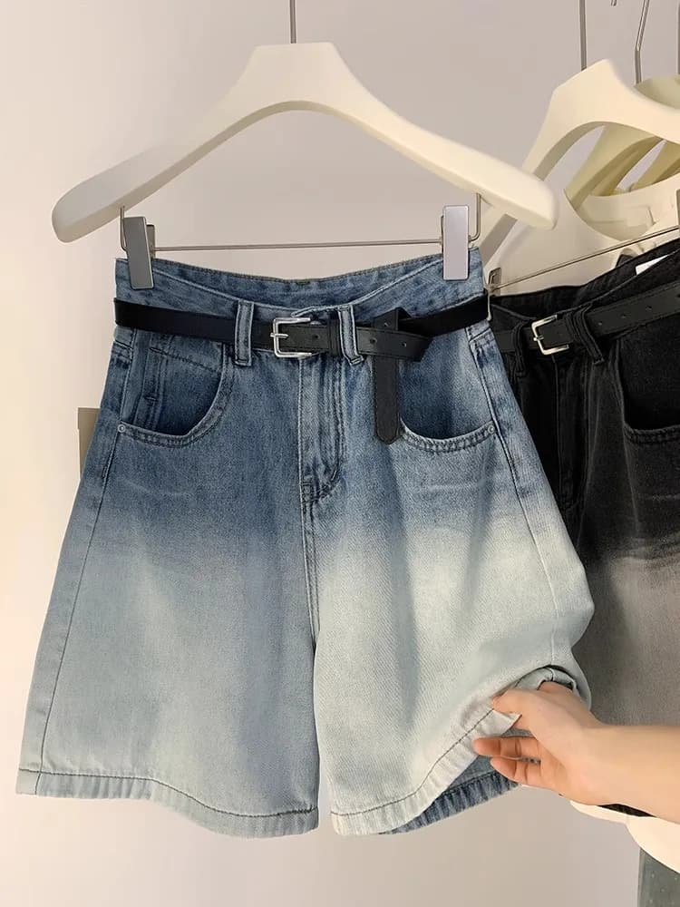 Fashionable Gradient Color Five-Quarter High Waist Wide Leg Jeans Women's Summer New Design Sensation Conceal Meat Slimming