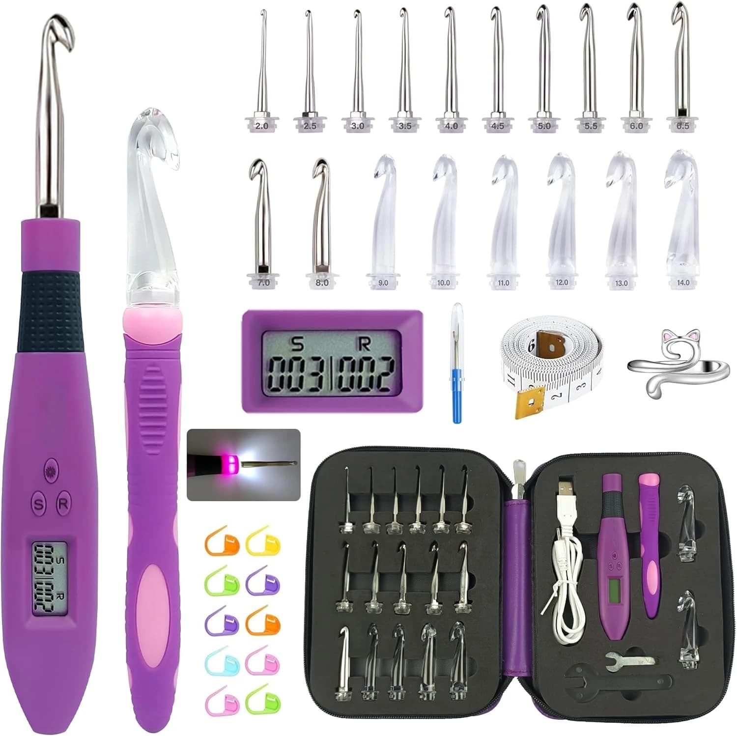 Set of 24 size crochet hooks with LED light and point meter and row knitting kit with digital ergonomic handle DIY tool for new beginners