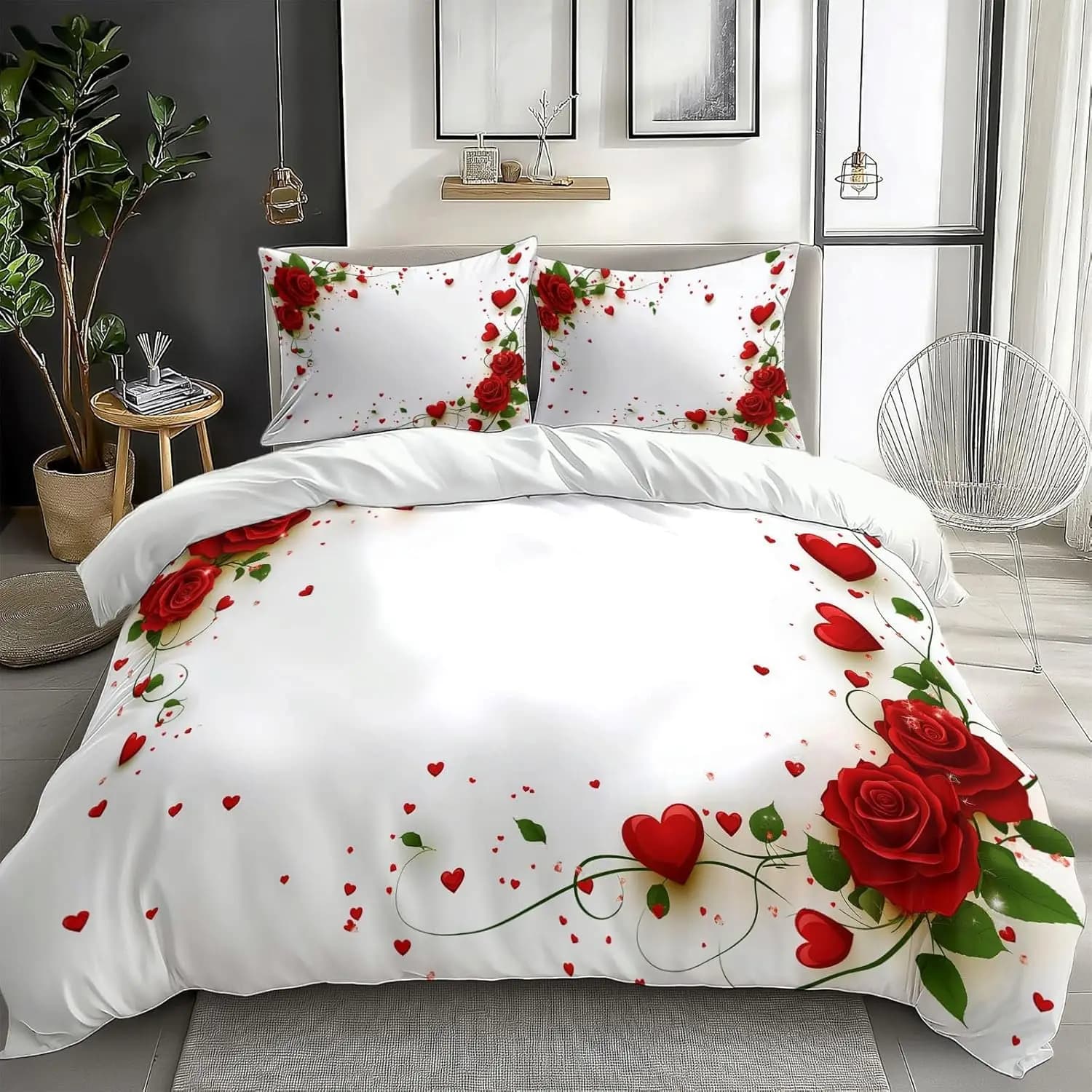 Set Copripiumino con Motivo a Rose, Disponibile in Misure Singolo, Matrimoniale e King, in Microfibra per San Valentino, Festa della Mamma e Uso Quotidiano