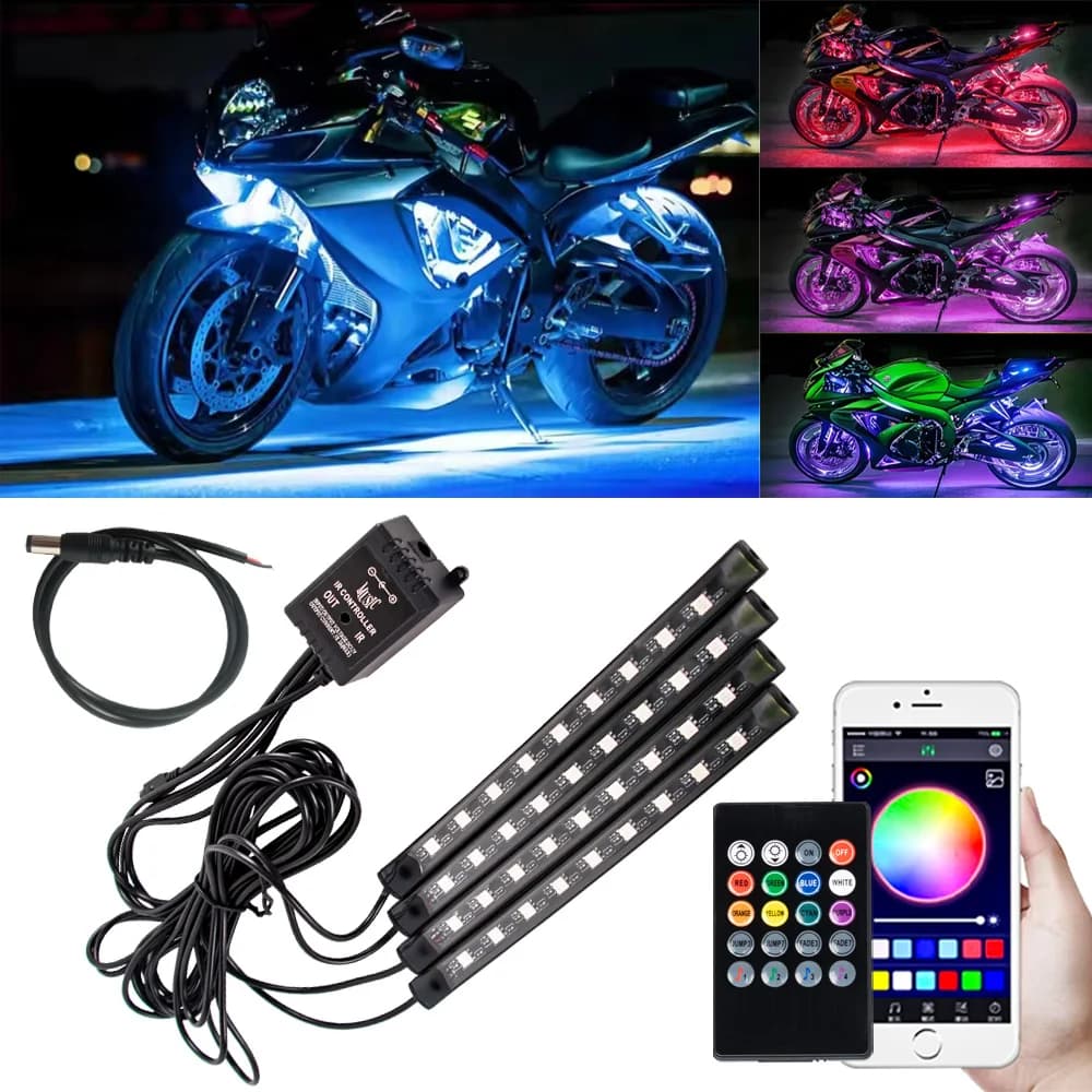 LED for motorcycle, car, atmosphere, light for feet, APP RGB, remote control, flexible, waterproof, remote sound, 12V, decorative strips for motorcycle