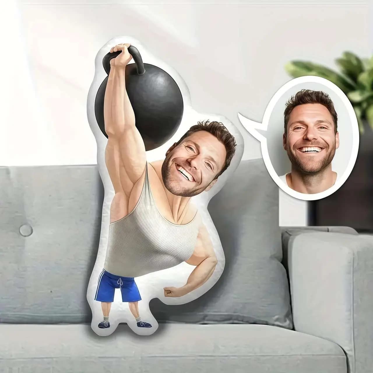 Cuscino umanoide personalizzato creativo a forma di cartone animato con manubri fitness! Integrare le tue foto nei corpi dei cartoni animati, personalizzati