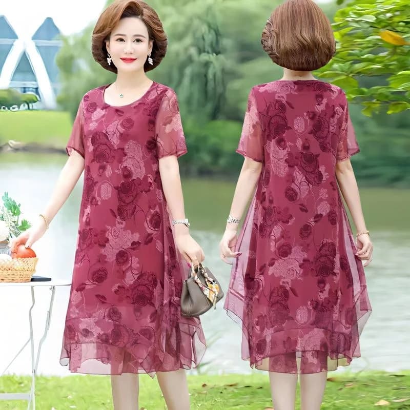 Chic Red Chiffon Dress for Middle-Aged Women Summer New Style Korean Version Floral Print A-Line Skirt Comfortable Fit Maxi D...