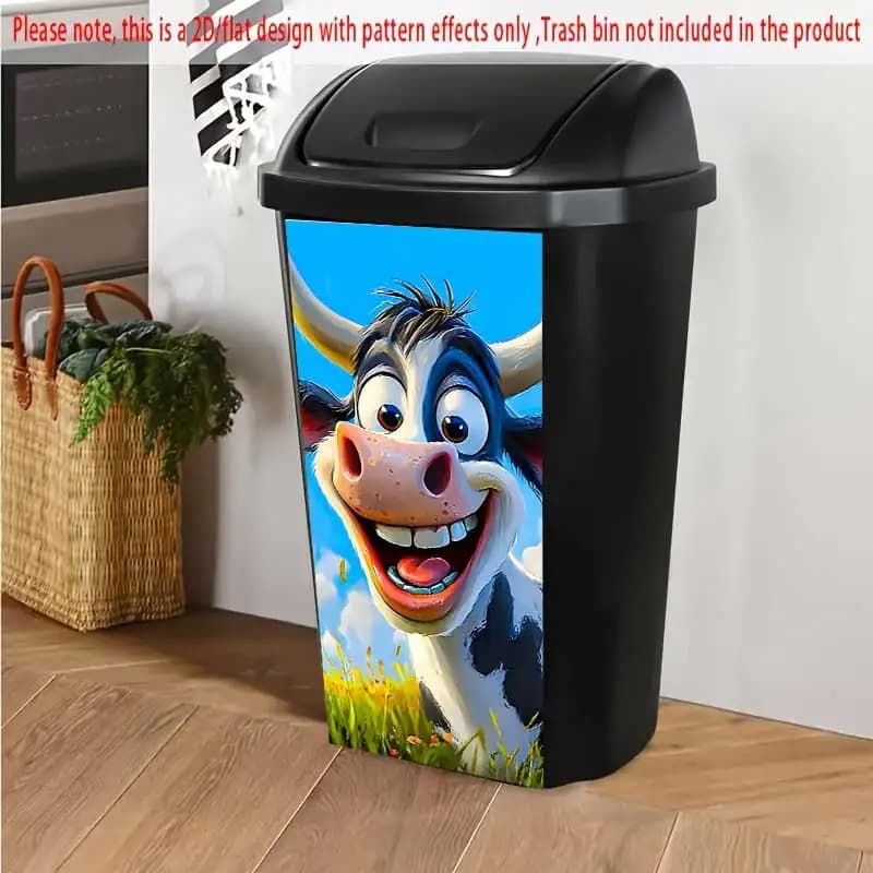 Adesivo per pattumiera di mucca cartone animato Tema animale da fattoria Decorazione creativa per pareti della cucina e adesivi impermeabili per bidoni della spazzatura S626