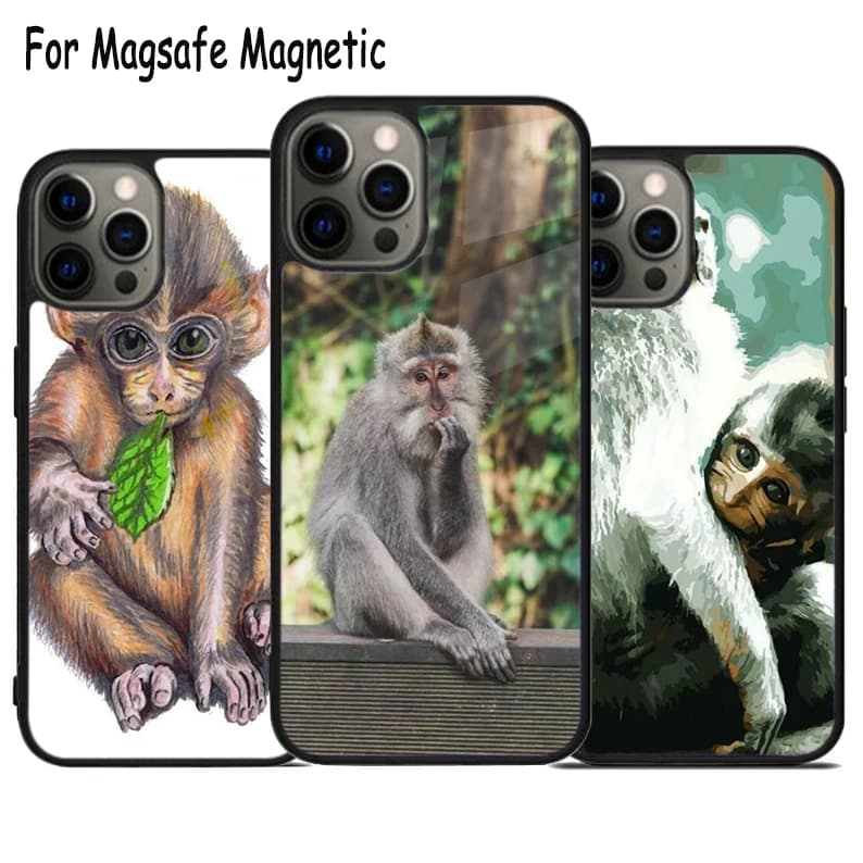 Custodia per telefono con ricarica wireless a forma di simpatico scimmietto per iPhone 17 Air 15 16 16e 14 13 11 12 Pro Max Plus, cover magnetica Magsafe con paraurti