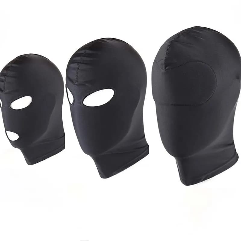 Maschera a 3 fori Cappuccio Giocattoli sexy Bocca aperta Bondage per occhi Maschera per feste Cosplay Schiavo Puntura Copricapo integrale Gioco per adulti BDSM Bondage Set