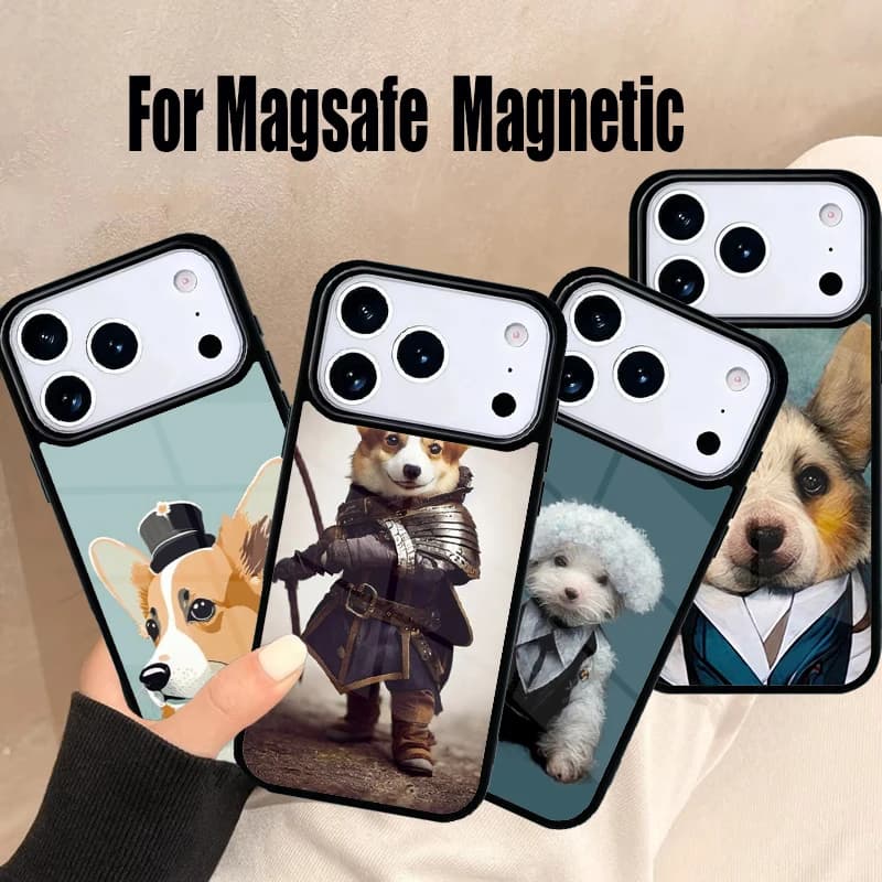 Cover per iPhone con Corgi in Abito per iPhone 17 Air 16e 15 14 13 12 11 Pro Max Plus, Cover Magnetica Wireless Magsafe