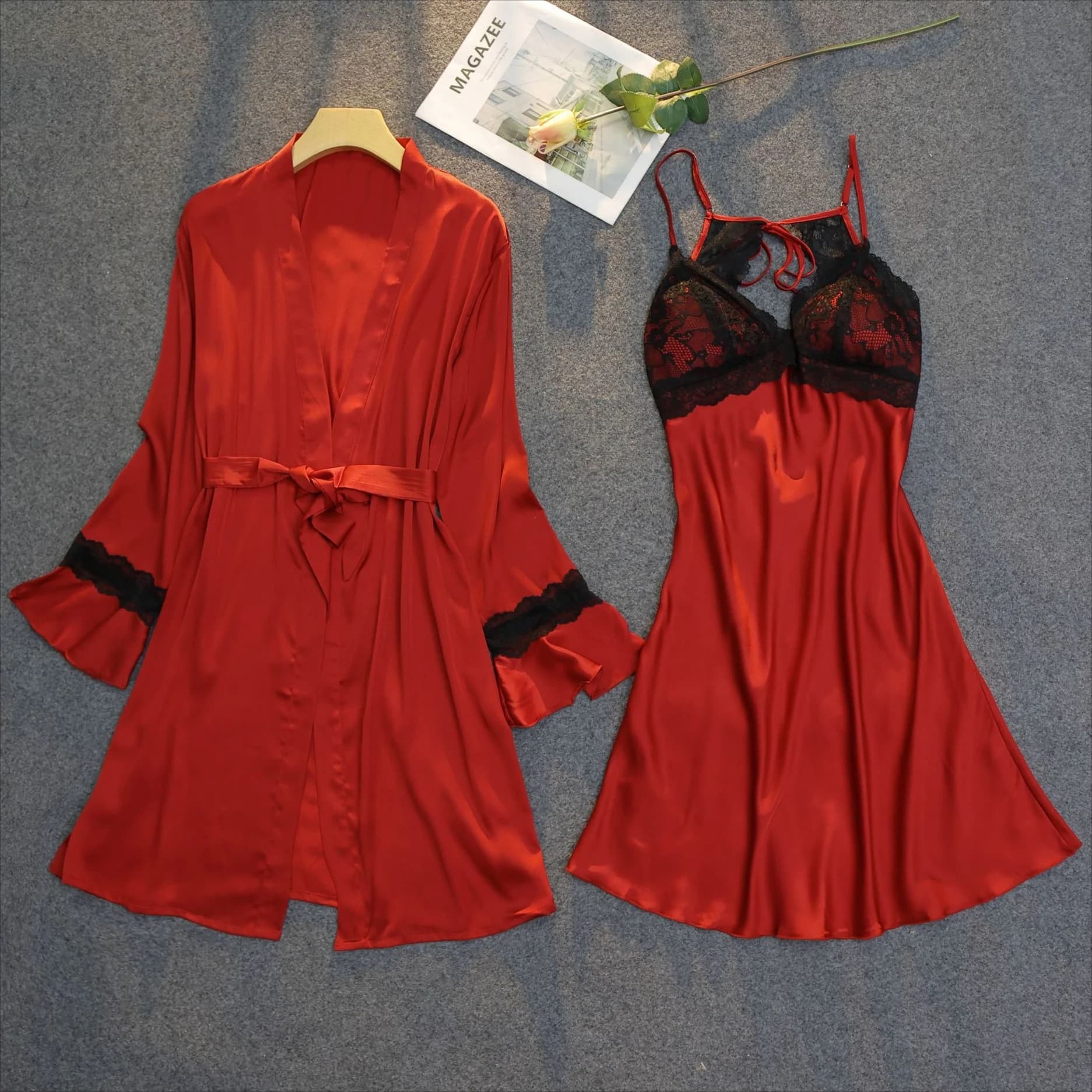 Two-piece Summer Female Robe Gown Suit Lingerie Women Lace Nightdress Sleepwear Set Satin Kimono Bathrobe Home Wear Clothing
