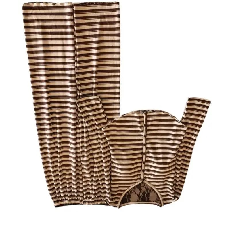 Autumn Winter Striped Wind Long-sleeved Trousers, Sexy Sweet Wind Solid Color Loungewear Two-piece Set Pajamas with Chest Pads