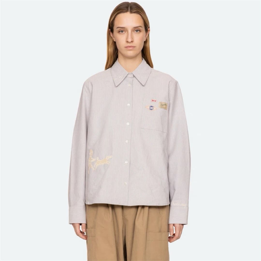 Camicia a Righe Stile New York, Autunnale, Stile College, con Ricami e Patchwork, in Cotone Traspirante, Maniche Lunghe per Donna