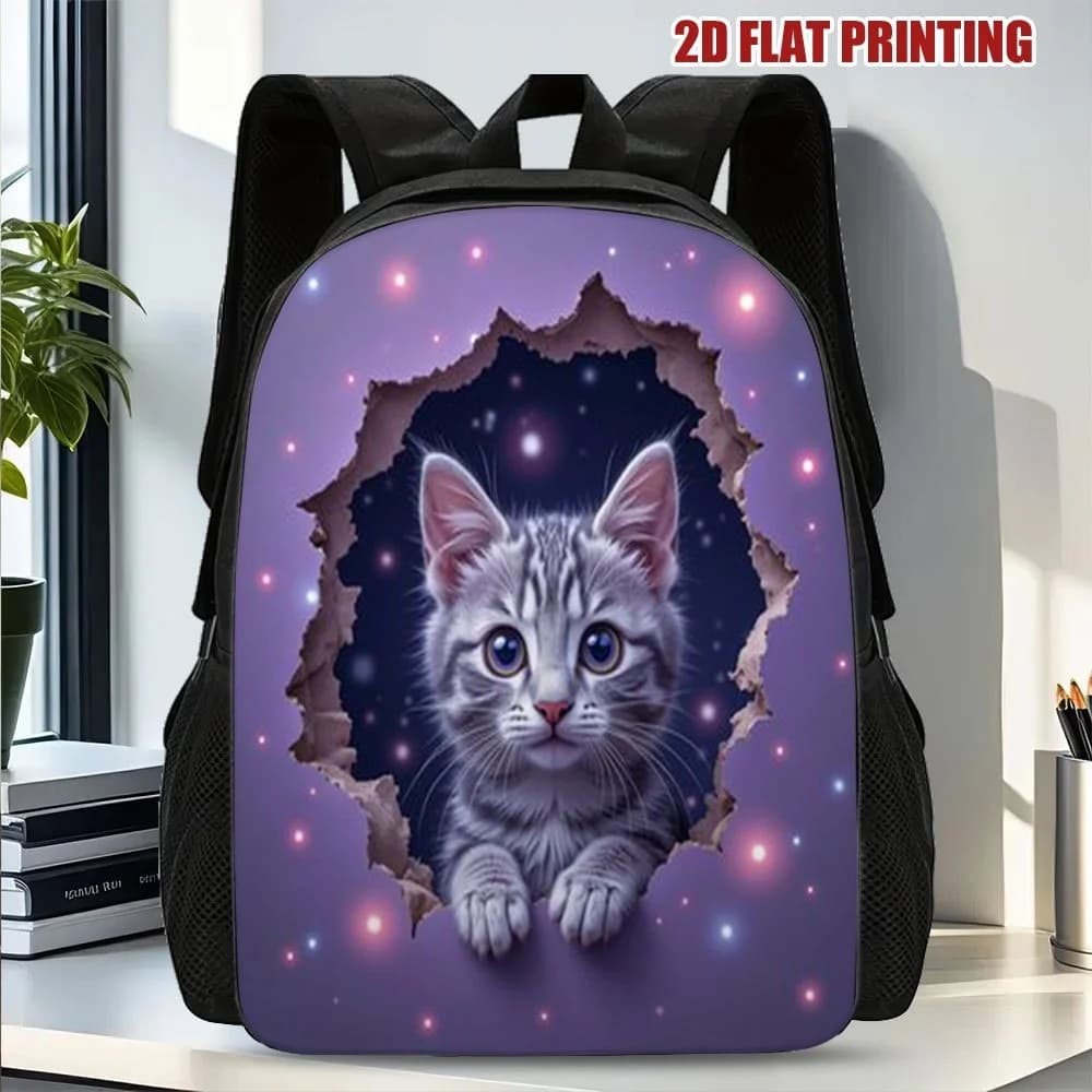 2D Fashionable Bright Star Cat Flat Print Backpack - Durable polyester bag with removable shoulder strap
