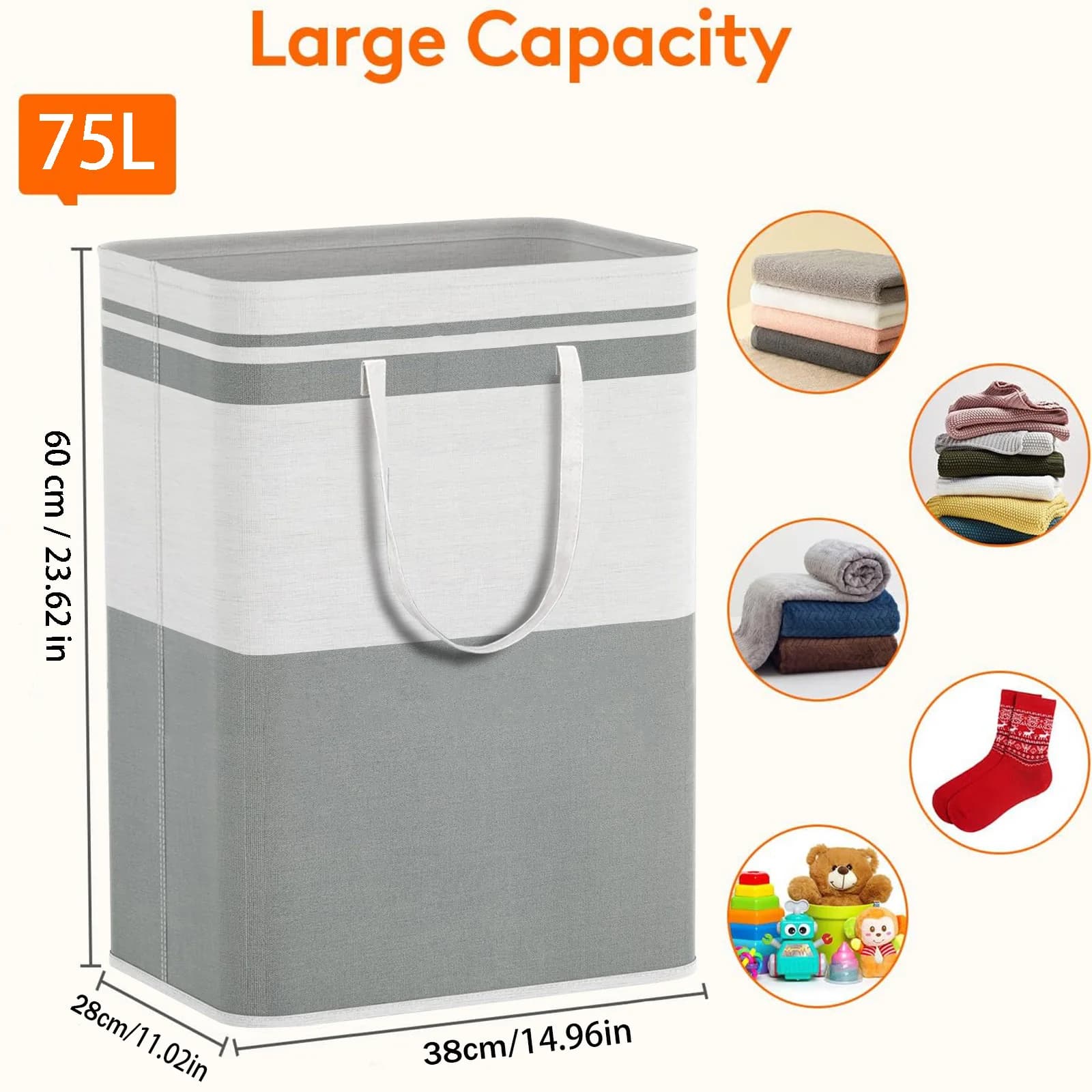 75L Big Bucato Basket with Handles, Resistant Duck Cover, for Home, Sleepers, Hotel, 40*30*60cm