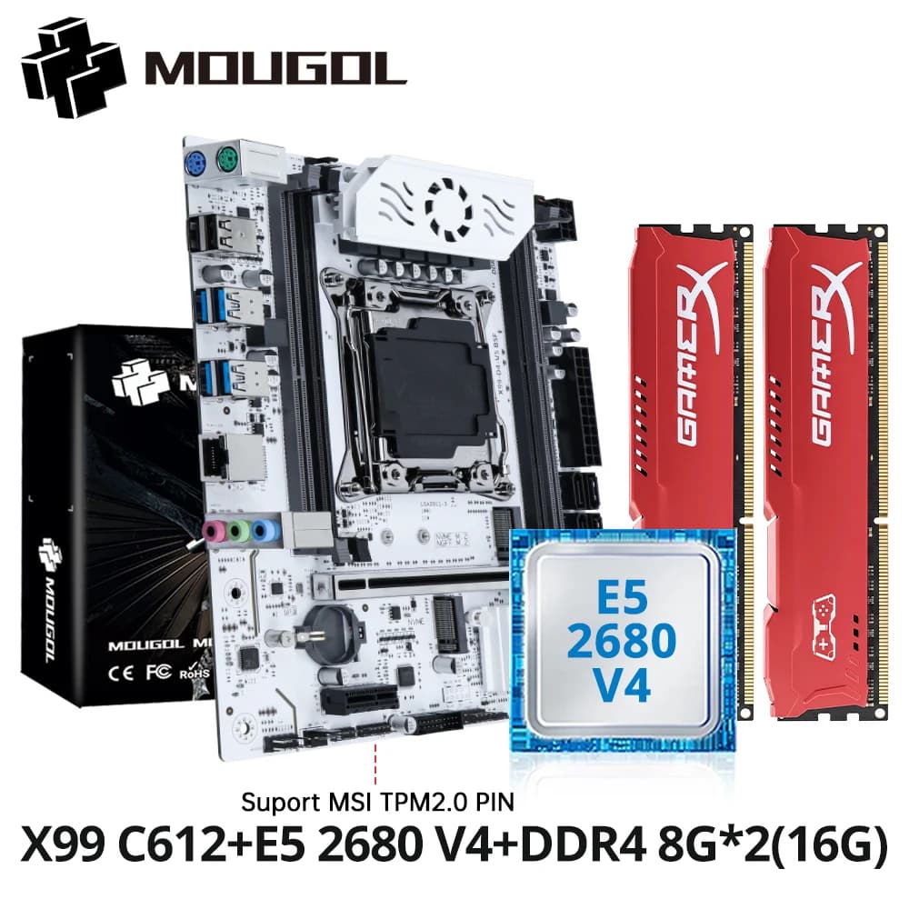 MOUGOL X99 Kit scheda madre Chip C612 con CPU E5 2680 V4 e DDR4 16G (2*8G) 2133 MHz Memoria NVME PCIE3.0 SATA3.0 per host desktop