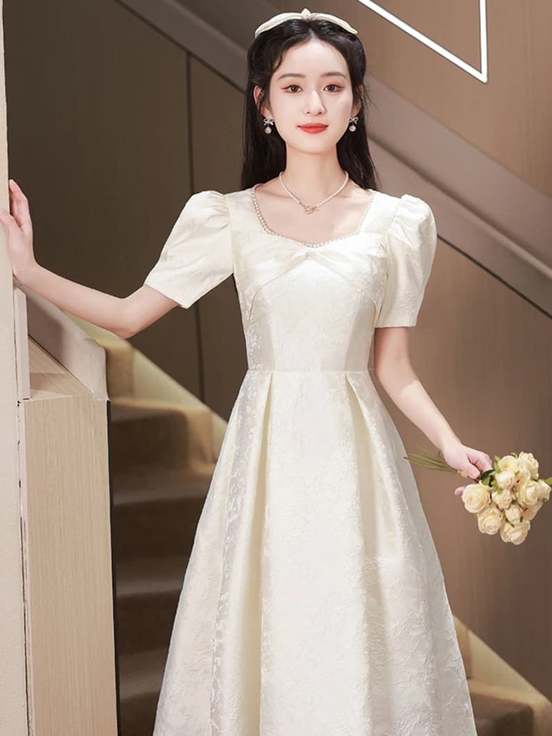 Abito da sposa elegante con scollo quadrato, vestito casual indossabile per fidanzamento, gonna a trapezio per tutti i giorni, abito in fibra di poliestere a maniche lunghe