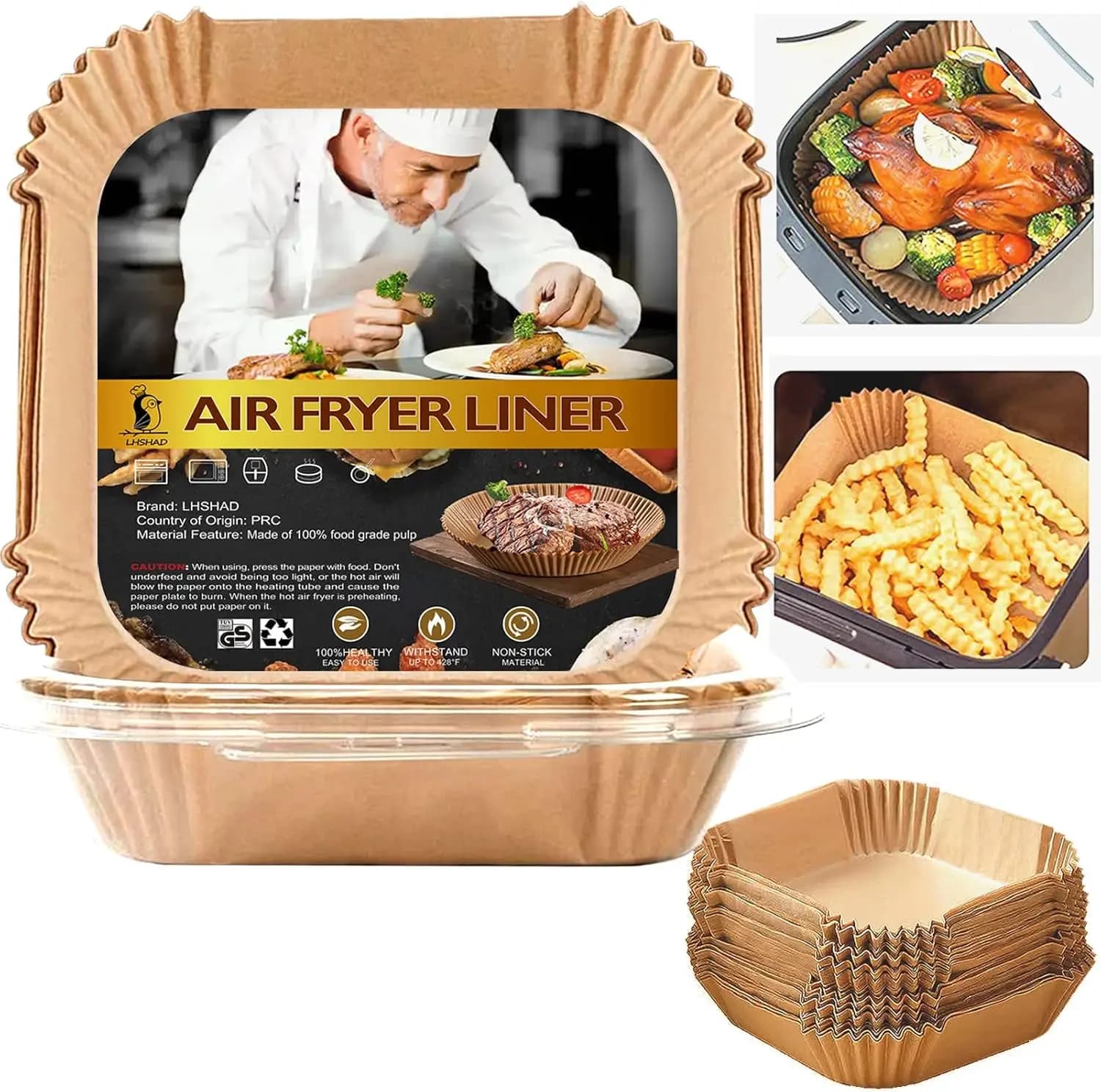 Carta da forno usa e getta quadrata per friggitrice ad aria, 10 pollici, 100 pezzi per 8-12QT, antiaderente per friggere e arrostire