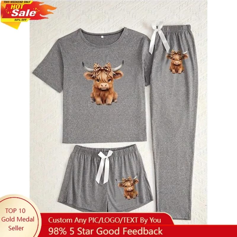 Women's pajamas set with cow print Cartoon Highland, casual nightwear for all seasons, knitted fabric nightwear