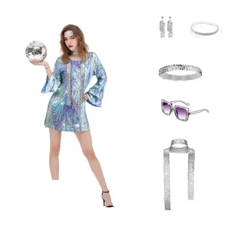 LQ70s Costume da discoteca da donna e accessori Testa lucida con occhiali da sole Orecchini Collana Bracciale per spettacoli teatrali Par