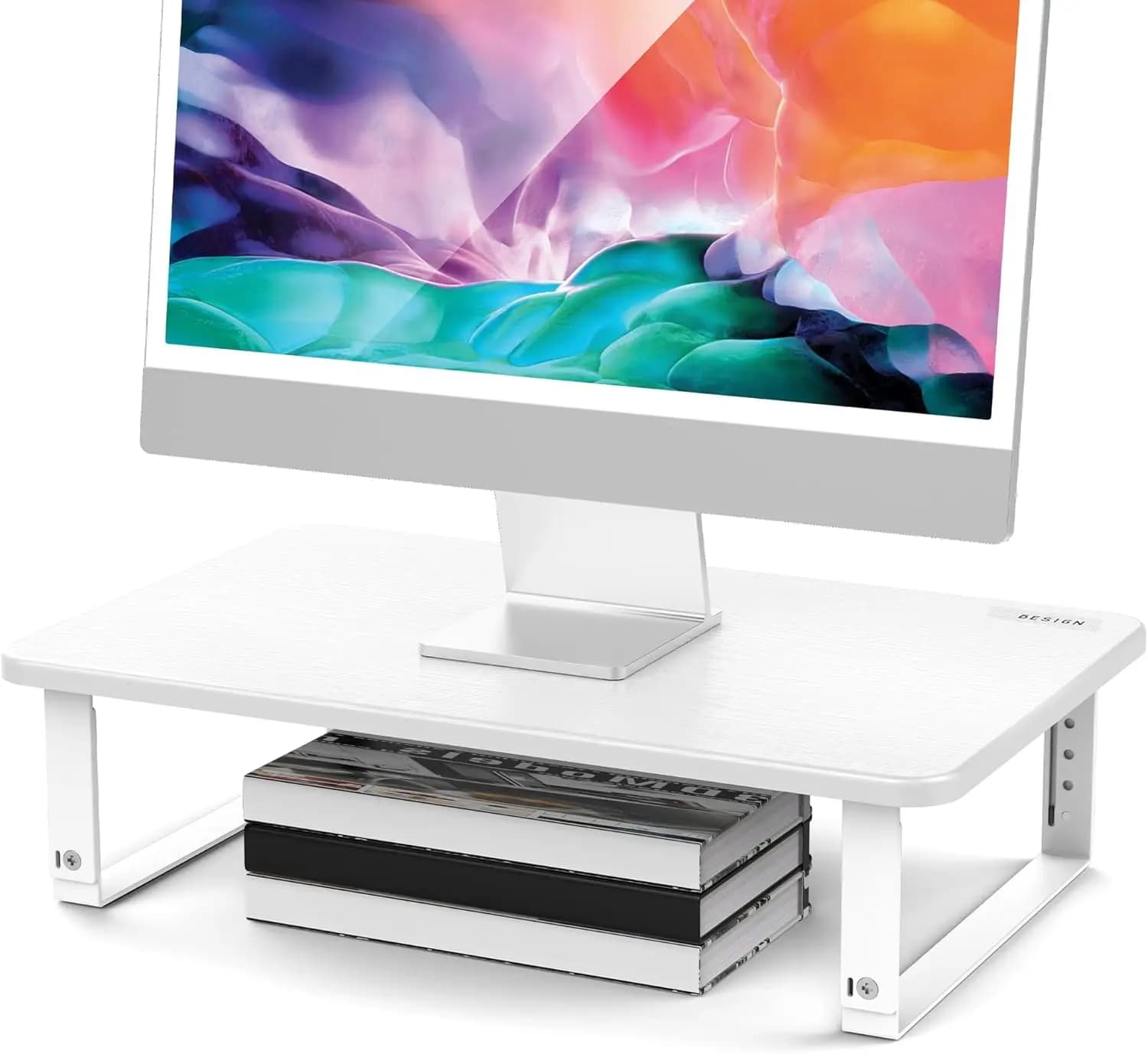 Supporto per Monitor Regolabile in Altezza con Vano Portaoggetti, Stand Ergonomico per Laptop, Computer e Stampante, Bianco